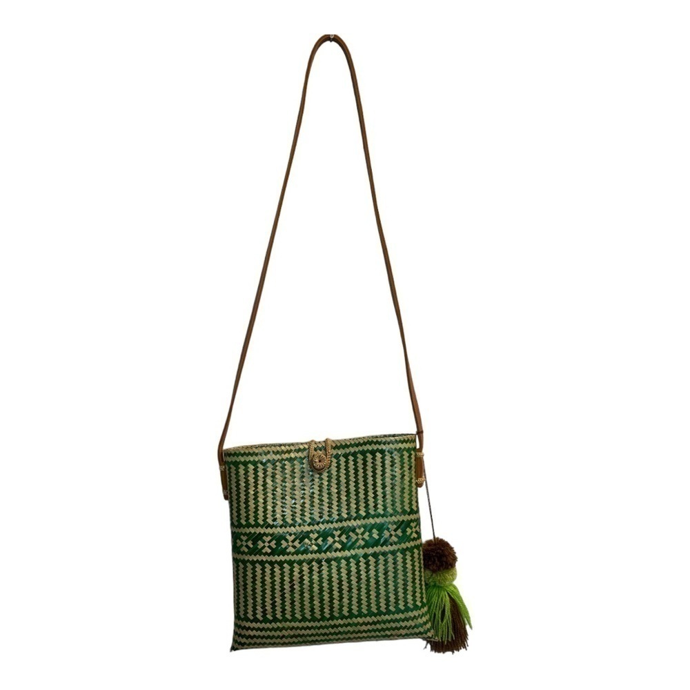 Woven Handbag Tan and Green Handcrafted Purse Pom Pom and Long Shoulder Strap